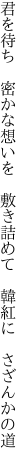君を待ち　密かな想いを　敷き詰めて 　韓紅に　さざんかの道