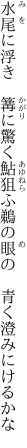 水尾に浮き　篝に驚く鮎狙ふ 鵜の眼の　青く澄みにけるかな