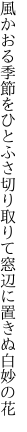 風かおる季節をひとふさ切り取りて 窓辺に置きぬ白妙の花