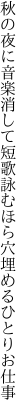 秋の夜に音楽消して短歌詠む ほら穴埋めるひとりお仕事