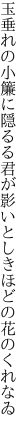 玉垂れの小簾に隠るる君が影 いとしきほどの花のくれなゐ