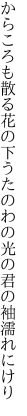 からころも散る花の下うたのわの 光の君の袖濡れにけり