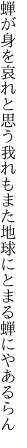 蝉が身を哀れと思う我れもまた 地球にとまる蝉にやあるらん