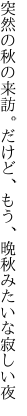 突然の秋の来訪。だけど、もう、 晩秋みたいな寂しい夜