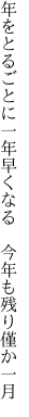 年をとるごとに一年早くなる　 今年も残り僅か一月