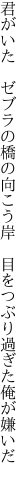 君がいた　ゼブラの橋の向こう岸 　目をつぶり過ぎた俺が嫌いだ