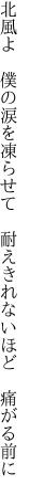 北風よ　僕の涙を凍らせて 　耐えきれないほど　痛がる前に