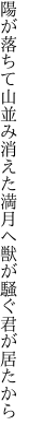 陽が落ちて山並み消えた満月へ 獣が騒ぐ君が居たから