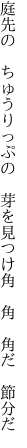 庭先の ちゅうりっぷの 芽を見つけ 角 角 角だ 節分だ