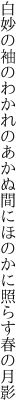 白妙の袖のわかれのあかぬ間に ほのかに照らす春の月影