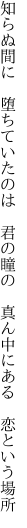 知らぬ間に　堕ちていたのは　君の瞳の 　真ん中にある　恋という場所