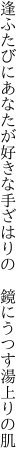 逢ふたびにあなたが好きな手ざはりの 　鏡にうつす湯上りの肌