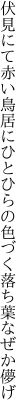 伏見にて赤い鳥居にひとひらの 色づく落ち葉なぜか儚げ