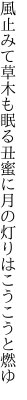 風止みて草木も眠る丑蜜に 月の灯りはこうこうと燃ゆ