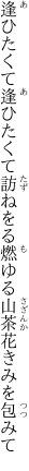 逢ひたくて逢ひたくて訪ねをる 燃ゆる山茶花きみを包みて