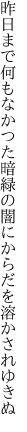 昨日まで何もなかつた暗緑の 闇にからだを溶かされゆきぬ