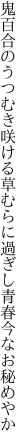 鬼百合のうつむき咲ける草むらに 過ぎし青春今なお秘めやか