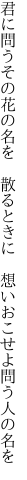 君に問うその花の名を　散るときに 　想いおこせよ問う人の名を