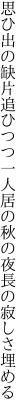 思ひ出の缺片追ひつつ一人居の 秋の夜長の寂しさ埋める