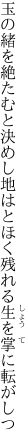 玉の緒を絶たむと決めし地はとほく 残れる生を掌に転がしつ