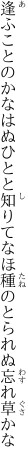 逢ふことのかなはぬひとと知りてなほ 種のとられぬ忘れ草かな