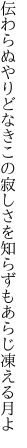 伝わらぬやりどなきこの寂しさを 知らずもあらじ凍える月よ