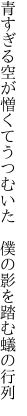 青すぎる空が憎くてうつむいた　 僕の影を踏む蟻の行列