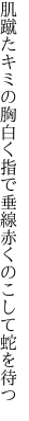 肌蹴たキミの胸白く指で垂線 赤くのこして蛇を待つ