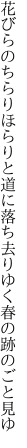 花びらのちらりほらりと道に落ち 去りゆく春の跡のごと見ゆ