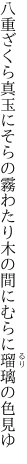 八重ざくら真玉にそらの霧わたり 木の間にむらに瑠璃の色見ゆ