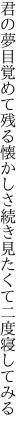 君の夢目覚めて残る懐かしさ 続き見たくて二度寝してみる