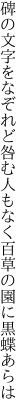 碑の文字をなぞれど咎む人もなく 百草の園に黒蝶あらは