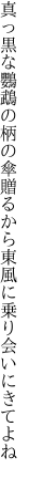 真っ黒な鸚鵡の柄の傘贈るから 東風に乗り会いにきてよね