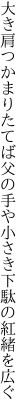 大き肩つかまりたてば父の手や 小さき下駄の紅緒を広ぐ