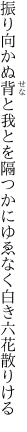 振り向かぬ背と我とを隔つかに ゆゑなく白き六花散りける