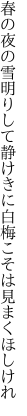 春の夜の雪明りして静けきに 白梅こそは見まくほしけれ