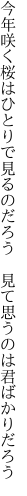 今年咲く桜はひとりで見るのだろう　 見て思うのは君ばかりだろう