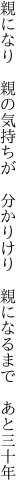 親になり　親の気持ちが　分かりけり 　親になるまで　あと三十年