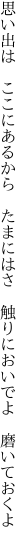 思い出は　ここにあるから　たまにはさ 　触りにおいでよ　磨いておくよ