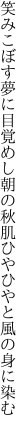 笑みこぼす夢に目覚めし朝の秋 肌ひやひやと風の身に染む