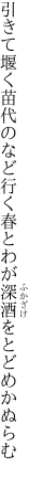 引きて堰く苗代のなど行く春と わが深酒をとどめかぬらむ