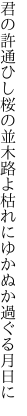 君の許通ひし桜の並木路よ 枯れにゆかぬか過ぐる月日に