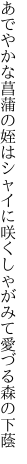 あでやかな菖蒲の姪はシャイに咲く しゃがみて愛づる森の下蔭