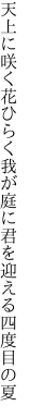 天上に咲く花ひらく我が庭に 君を迎える四度目の夏