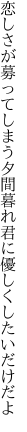 恋しさが募ってしまう夕間暮れ 君に優しくしたいだけだよ