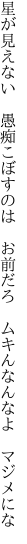 星が見えない　愚痴こぼすのは　お前 だろ　ムキんなんなよ　マジメにな