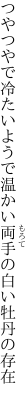 つやつやで冷たいようで温かい 両手の白い牡丹の存在