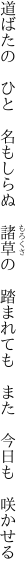 道ばたの　ひと　名もしらぬ　諸草の　 踏まれても　また　今日も　咲かせる