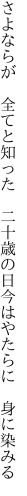 さよならが 全てと知った 二十歳の日 今はやたらに 身に染みる
