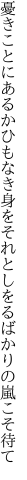 憂きことにあるかひもなき身をそれと しをるばかりの嵐こそ待て